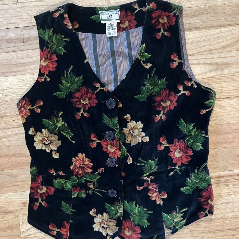 April Cornell Black Velour Floral Cotton Vest (XS)